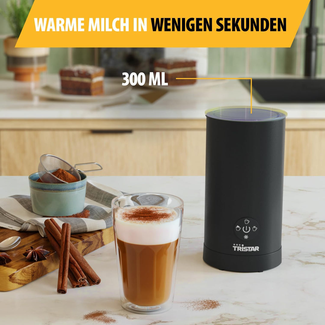 Tristar Milchaufschäumer, 4-in-1 Funktion, 500 W Leistung zum Erhitzen und Aufschäumen von Milch, Ei