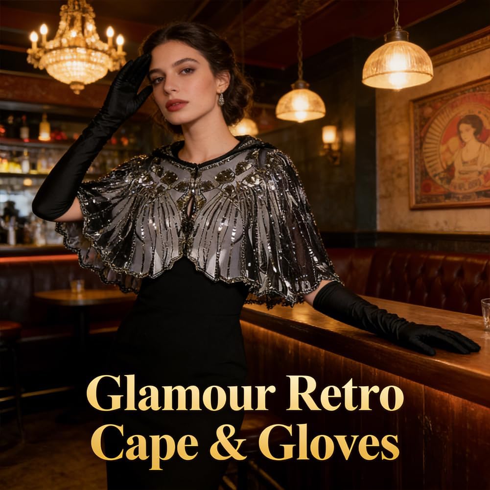 1920er Jahre Retro Schal Set mit Pailletten &amp; Perlen 2 Stück, Umschlagtuch Cape für Damen, Lange Sat