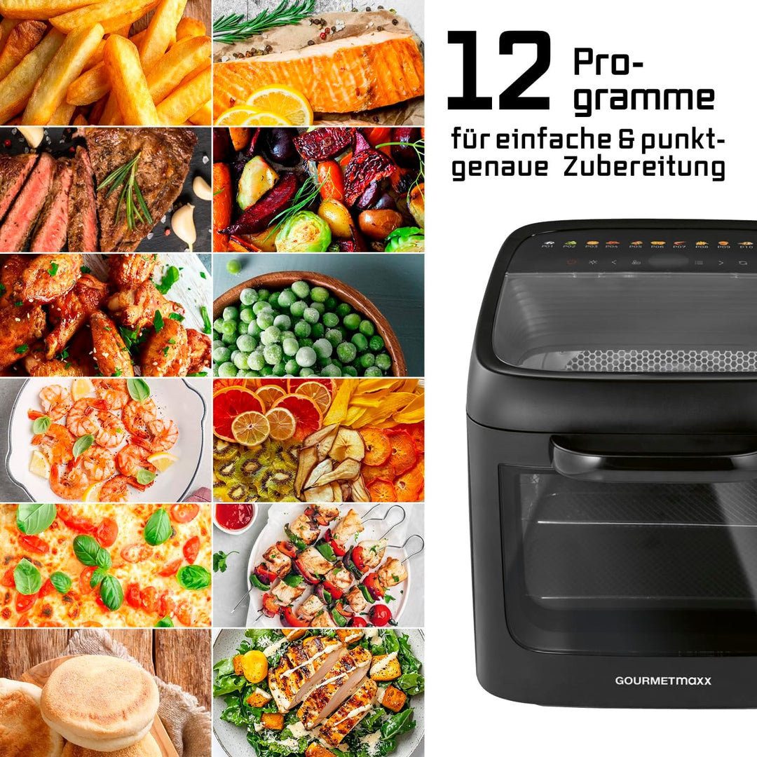 GOURMETmaxx Heissluftofen mit Panoramadach & Frontfenster 12,5 L | Heissluftfritteuse mit 9 Funktion