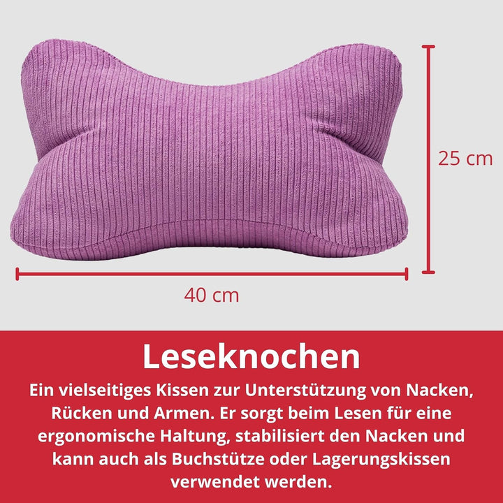 liebling Cord Lesekissen für Bett und Sofa, Bücherkissen, Lesehilfe, 40x25 cm, Leseknochen, Serie Ve