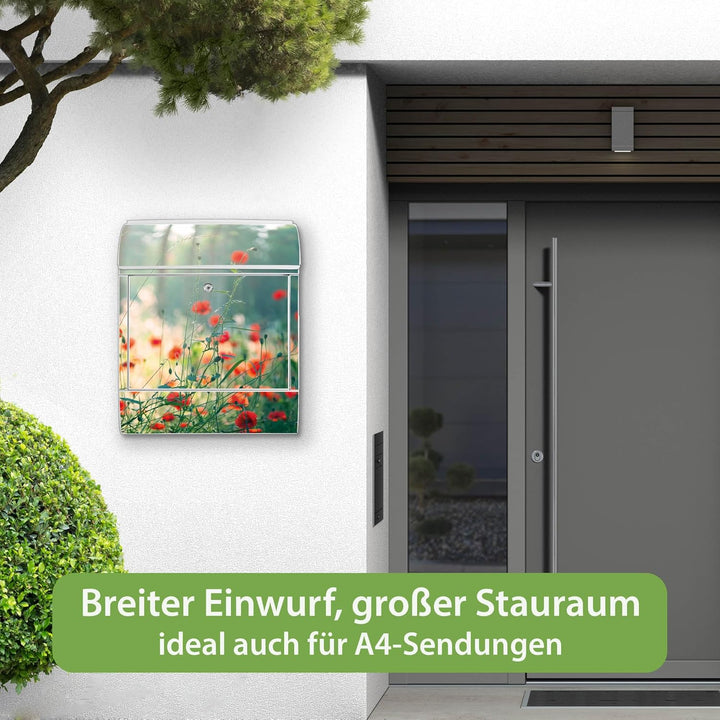 banjado® Design Briefkasten mit Motiv Waldmohn 39x47x14cm &amp; 2 Schlüssel - Briefkasten Stahl weiss mi