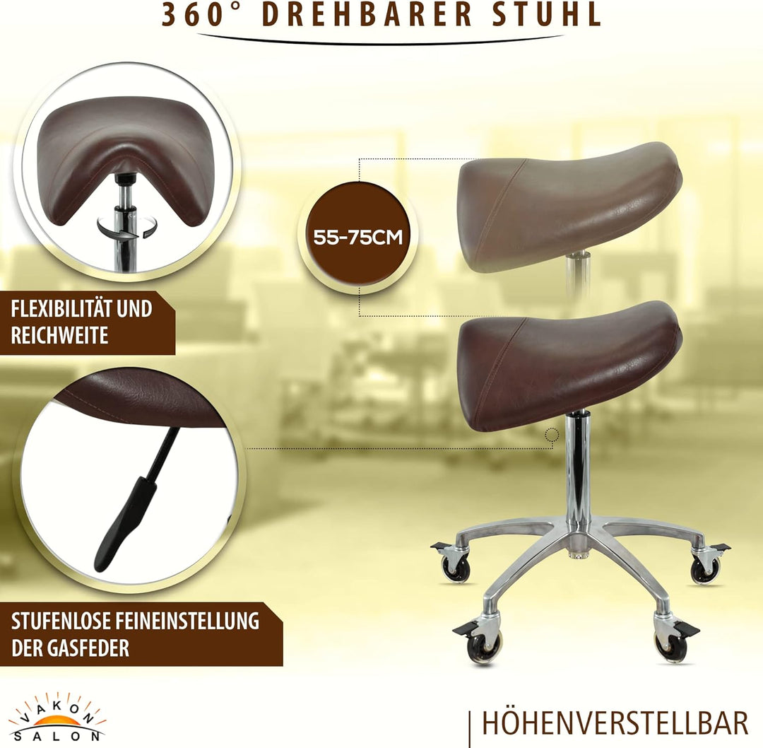 Premium Sattelhocker braun mit Bremse, Sattelstuhl für Rückenentlastung, Rollhocker höhenverstellbar