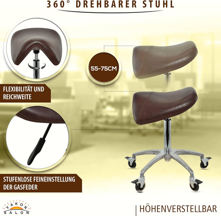 Premium Sattelhocker braun mit Bremse, Sattelstuhl für Rückenentlastung, Rollhocker höhenverstellbar