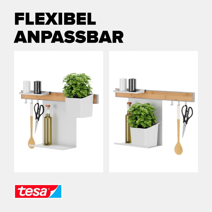 tesa Küchen-Organizer Kombi-Set S - selbstklebende Küchenleiste mit Kräutertopf, 2 Ablagen, Hakenlei