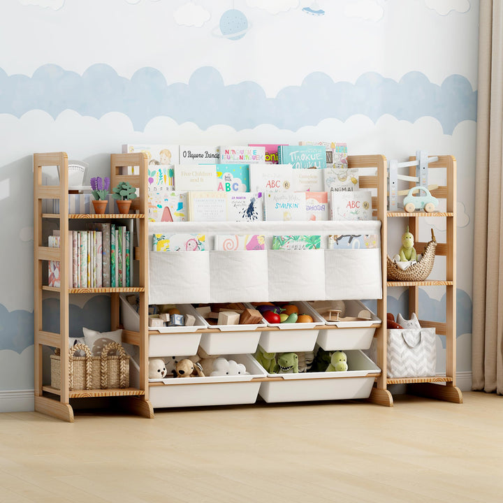 Spielzeug-Organizer Holz mit 16 Spielzeug Organizer 188cm Breit, Bücherregal Kinder Holz, Regal für