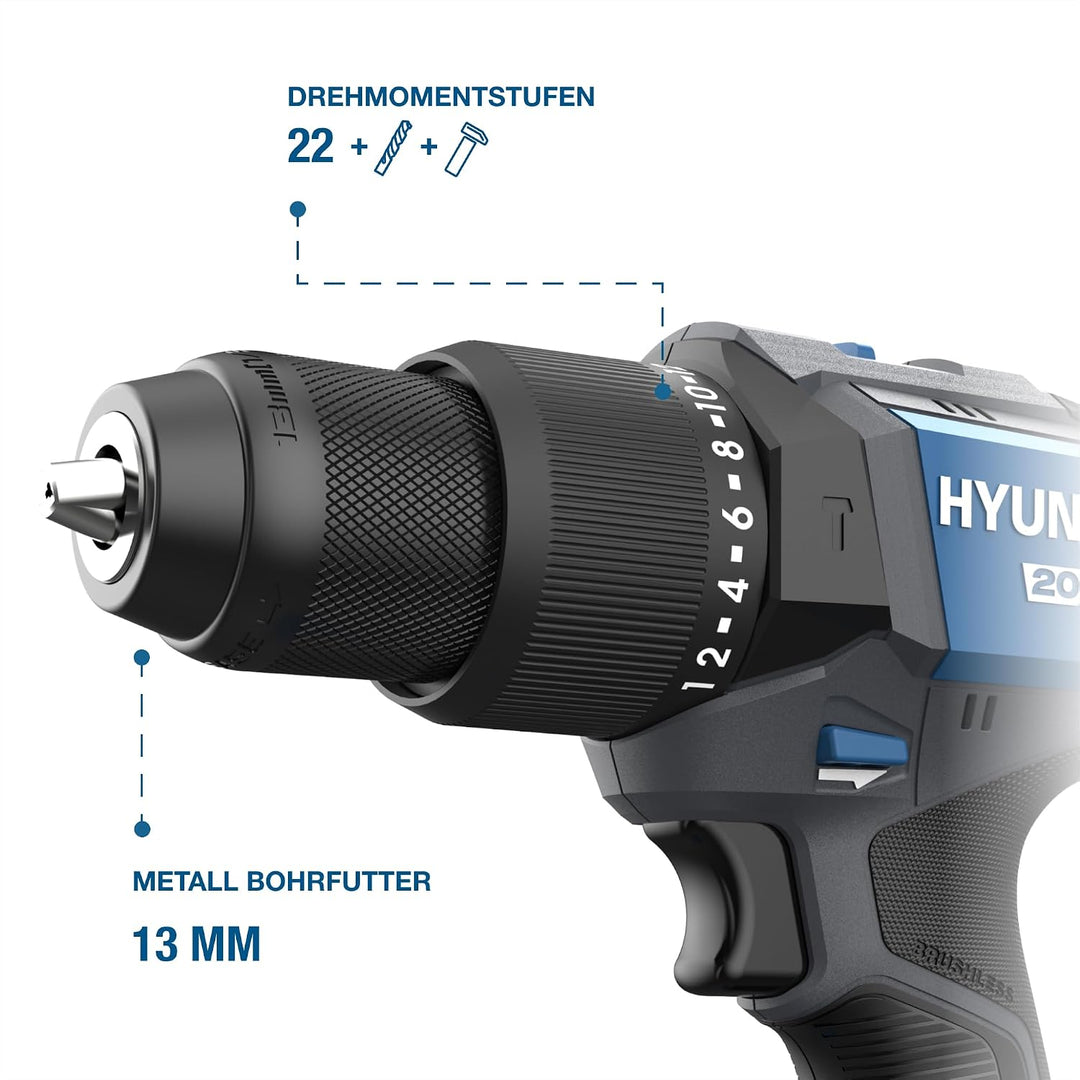 HYUNDAI Akku-Schlagbohrschrauber HD20X-60-2A2 | 20V, bürstenloser Motor, 60 Nm, 13mm Metallbohrfutte