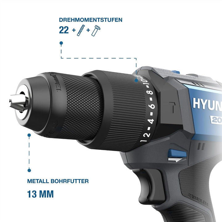 HYUNDAI Akku-Schlagbohrschrauber HD20X-60-2A2 | 20V, bürstenloser Motor, 60 Nm, 13mm Metallbohrfutte