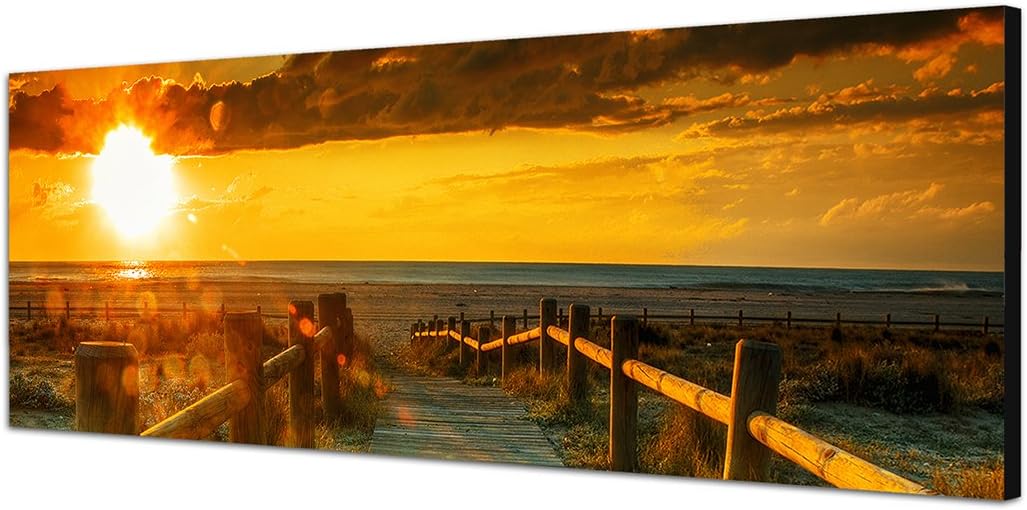 Paul Sinus Art Panoramabild auf Leinwand und Keilrahmen 150x50cm Strand Dünen Steg Meer Sonnenunterg