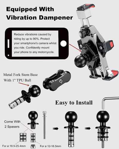 BRCOVAN Aluminiumlegierung Motorrad Gabelschaft Handyhalterung mit Vibrationsdämpfer und Sicherheits