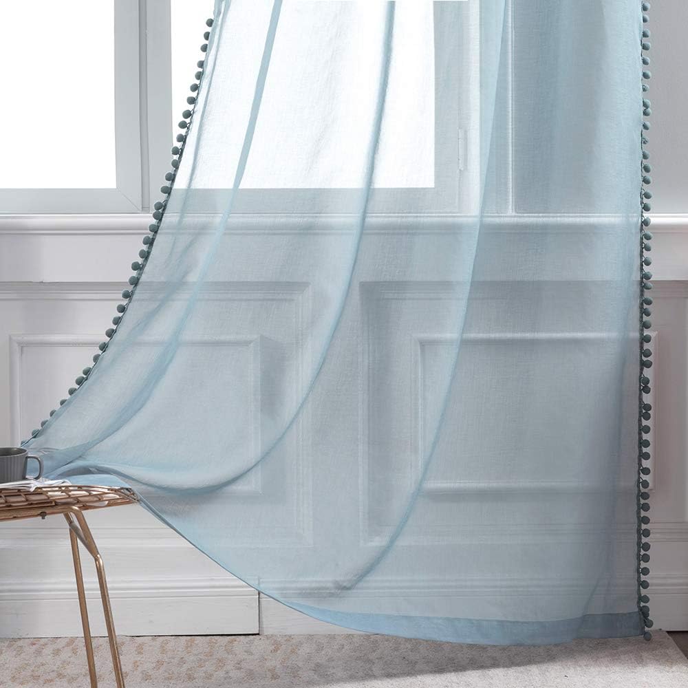 MIULEE Vorhänge mit Pompons-Niedlich Blau Gardinen 2-Set für Kinderzimmer, Transparent Gardinen mit