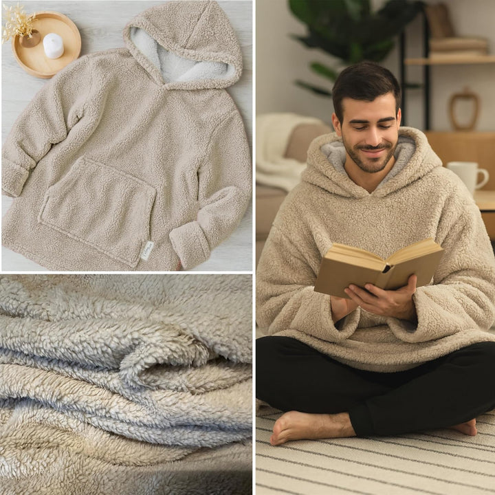 Hoodie Decke mit Ärmeln - Sherpa Wende Deckenpullover Oversize Kuscheldecke zum anziehen Kuschelponc