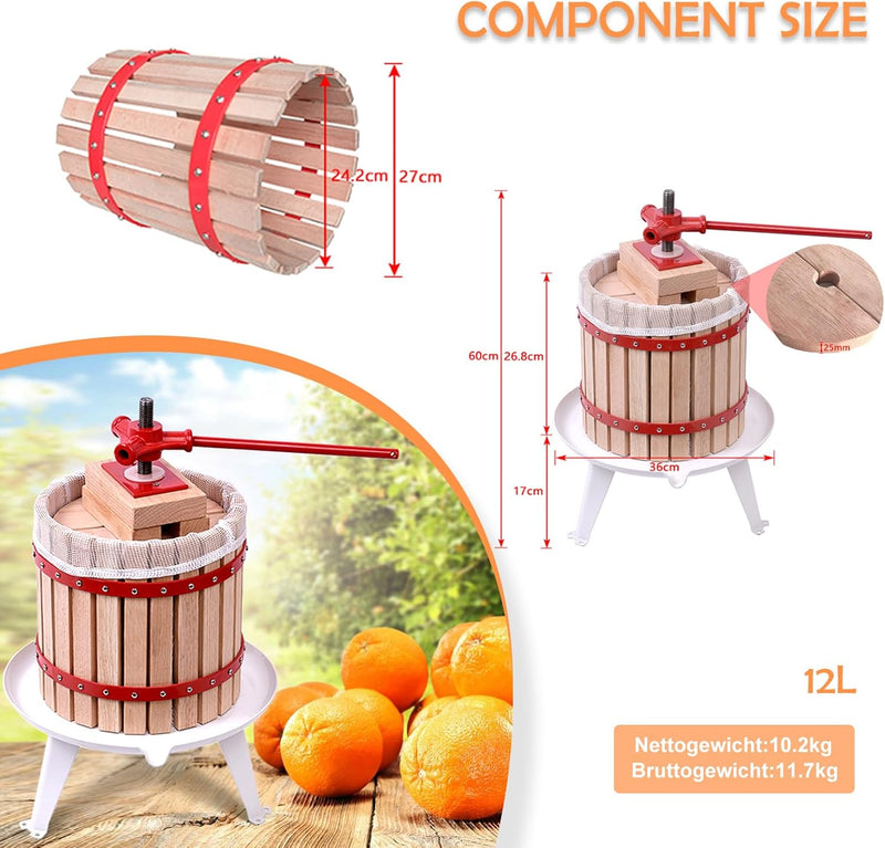 Aufun 12L Obstpresse Fruchtpresse aus Buchenholz inkl. Presstuch, manuelle Weinpresse Saftpresse Mai