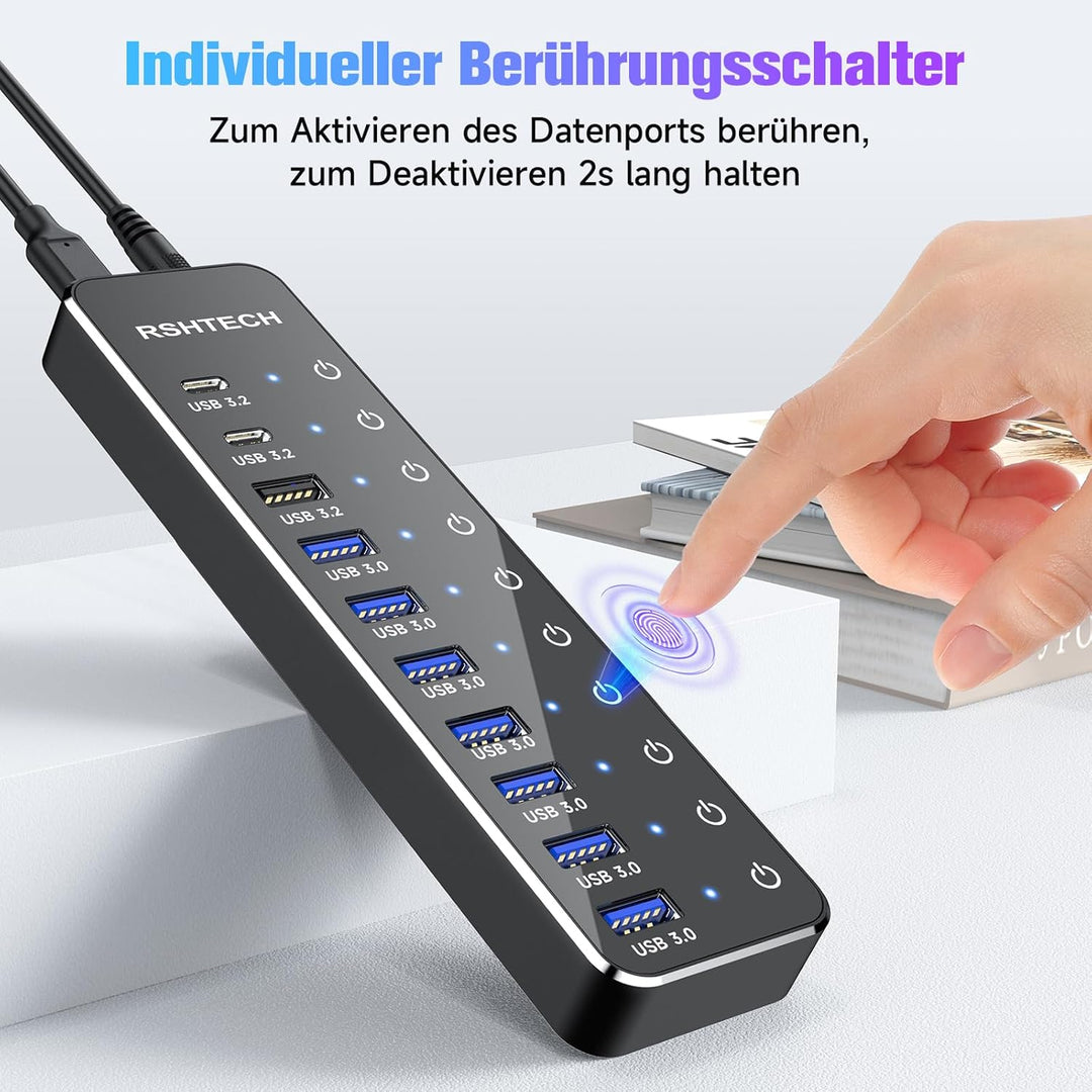 RSHTECH USB Hub 3.2 Aktiv mit Netzteil - Mit 3 10Gbps USB 3.2 und 7 5Gbps USB 3.0 - Insgesamt 10 Por