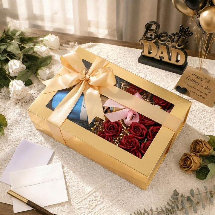 PACKQUEEN 5 grosse goldene Geschenkboxen mit Fenster, 34,9 x 22,9 x 10,4 cm, transparente Geschenkbo