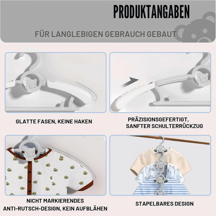 HGYZE Babykleiderbügel Antirutsch 20 Stück, 29-37cm Ausziehbare Kinderkleiderbügel mit Hosenständer,