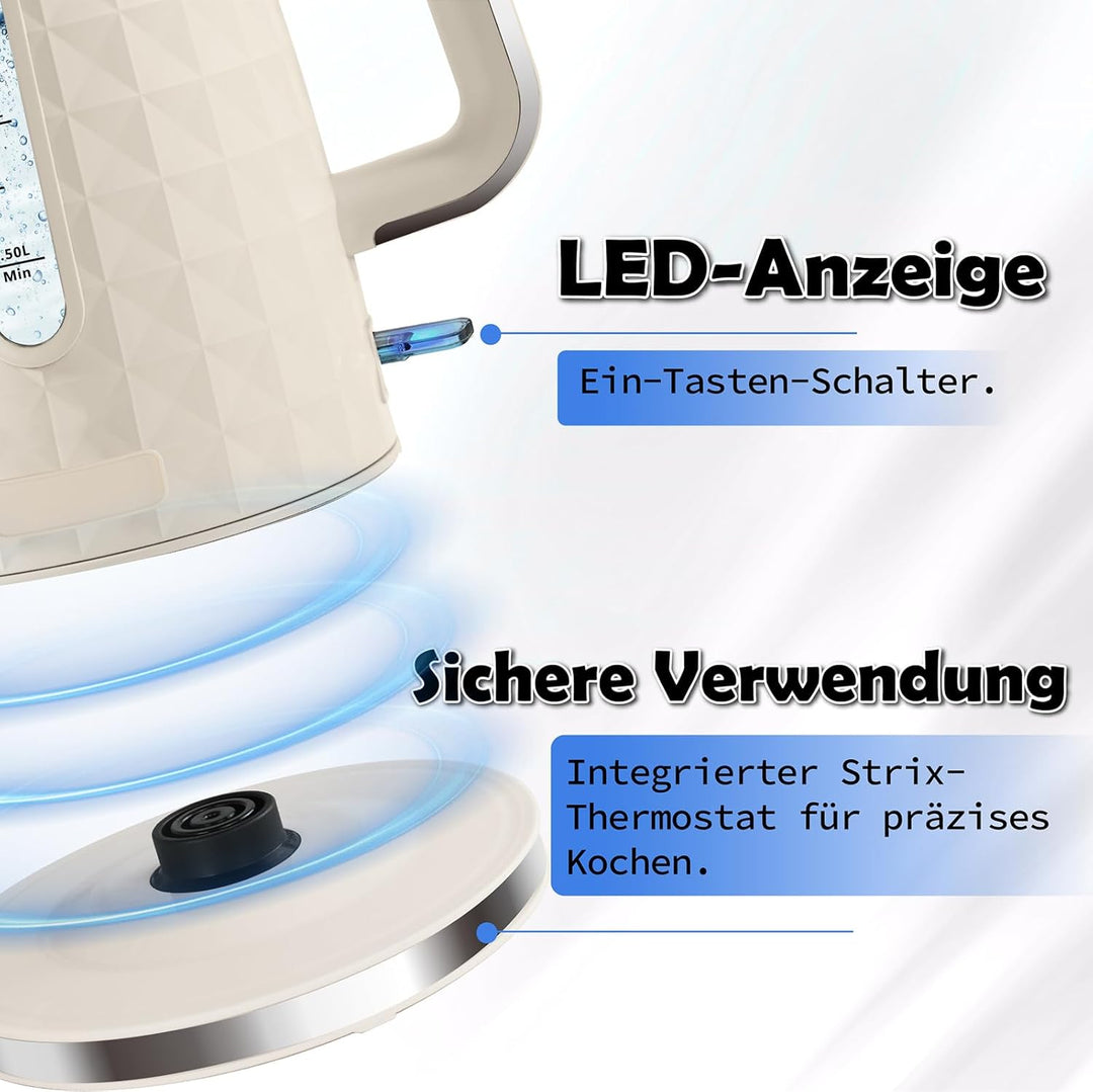 1.7L Wasserkocher, Schnellkochender 1850W Heisswasserkessel, Elektrischer Teekocher für kochendes Wa