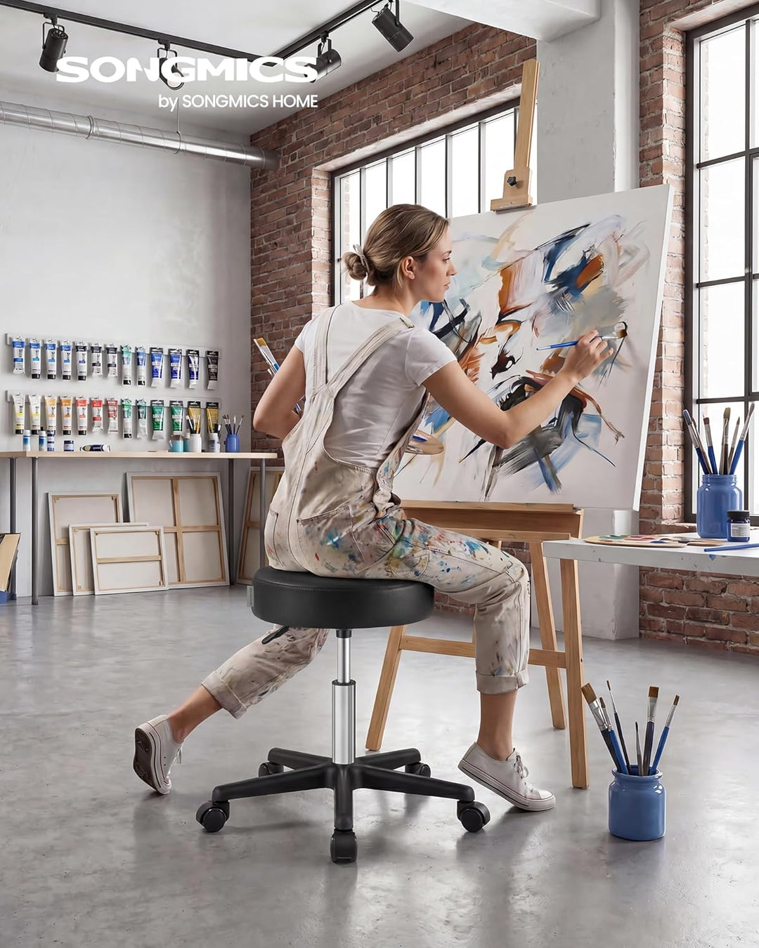 SONGMICS Drehhocker auf Rollen, höhenverstellbarer Rollhocker, 46-58 cm, mit Kunstleder bezogener Si