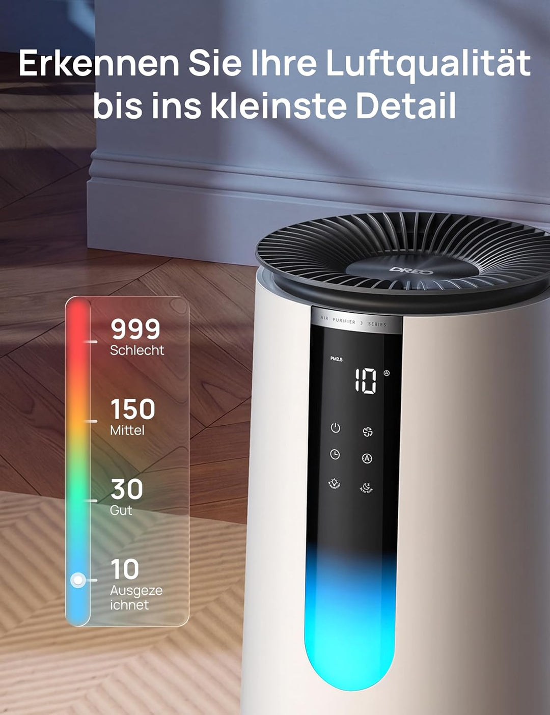 DREO-Luftreiniger für Schlafzimmer 195 m³/h CADR, Luftreiniger 338S,3-in-1-HEPA-Filter, 4 Modi, 4 Ge