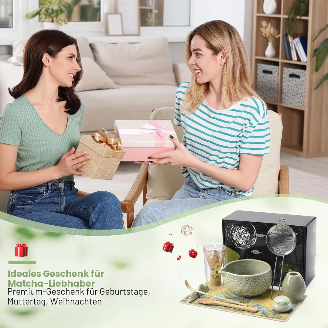9‑in‑1 Matcha Set mit Matchaschale (560ml), Glas, Bambusbesen, Bambuslöffel, Sieb & Teematte – Japan