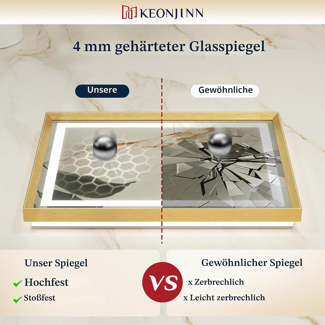 Keonjinn Badspiegel mit Beleuchtung Gold Metallrahmen 60x80cm, Badezimmerspiegel Beleuchtet Beschlag