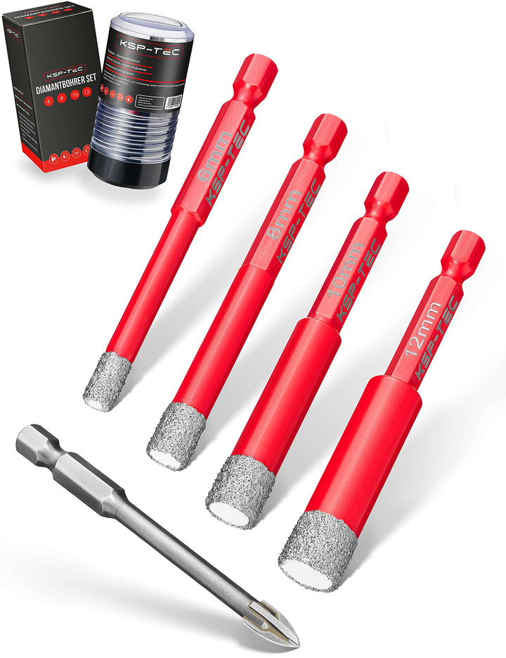 KSP-TEC® | Fliesenbohrer Set - 6,8,10,12mm | zum Bohren von Fliesen, Glas, Marmor, Granit uvm. - Ker