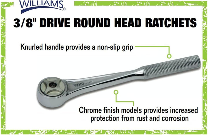 Williams B-52A 3/8-Zoll-Rundkopfratsche Rundkopf-Ratsche 7 5/8 Inch Chrom-finish, Rundkopf-Ratsche 7