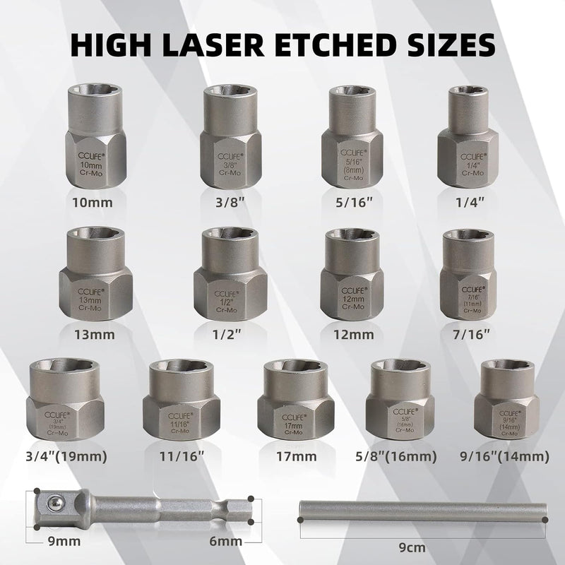 CCLIFE 15tlg 3/8" Cr-Mo Spezial Steckschlüssel Einsatz Linksausdreher Schraubenausdreher Nuss Steckn