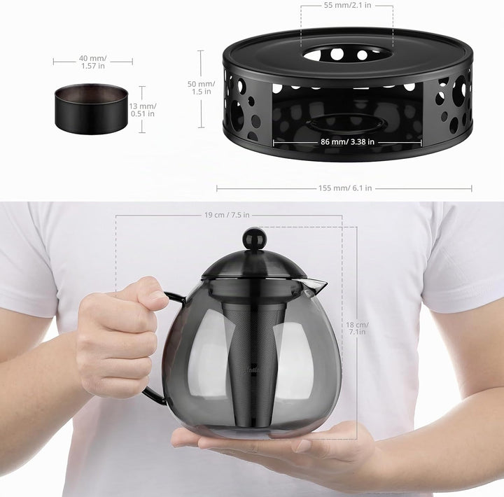glastal Schwarz Teekanne mit Stövchen 1500ml Teebereiter Glas und Edelstahl Teewärmer Teekanne Suit
