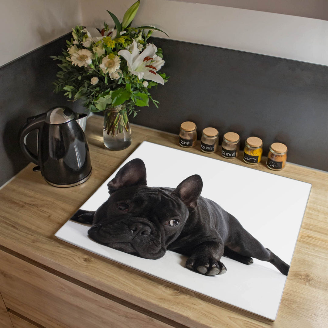 banjado® Herdabdeckplatte Glas 1-teilig 60x52 cm/Schneidebrett Herdabdeckung mit Motiv Bulldogge/Her