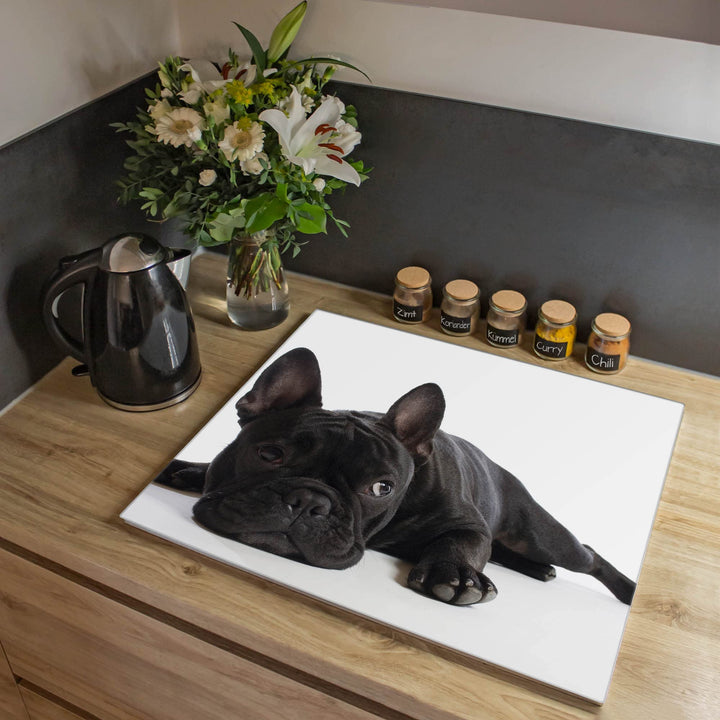 banjado® Herdabdeckplatte Glas 1-teilig 60x52 cm/Schneidebrett Herdabdeckung mit Motiv Bulldogge/Her