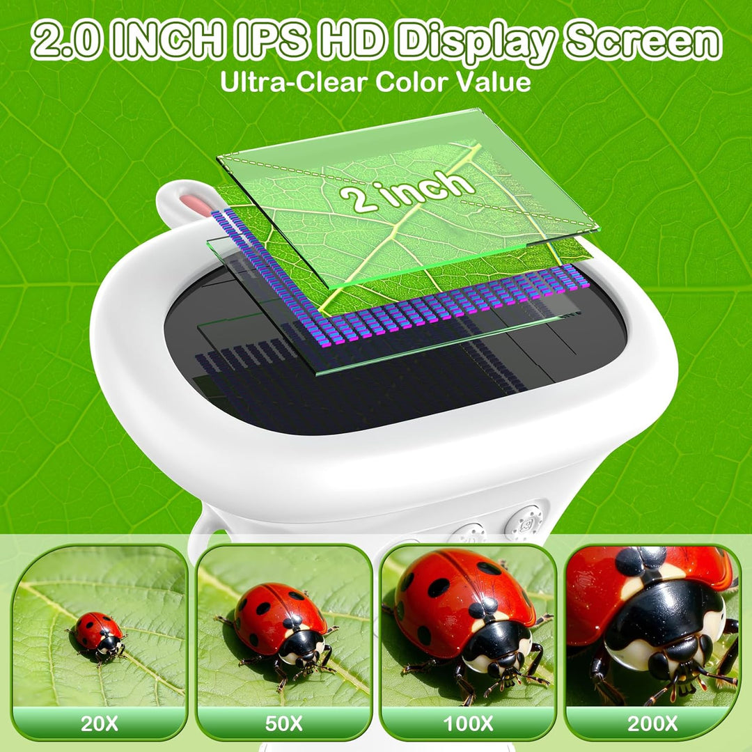 GlobalCrown Mikroskop für Kinder,Hand Mikroskop Digital 2.0 Zoll Bildschirm 200x Taschenmikroskop,PC