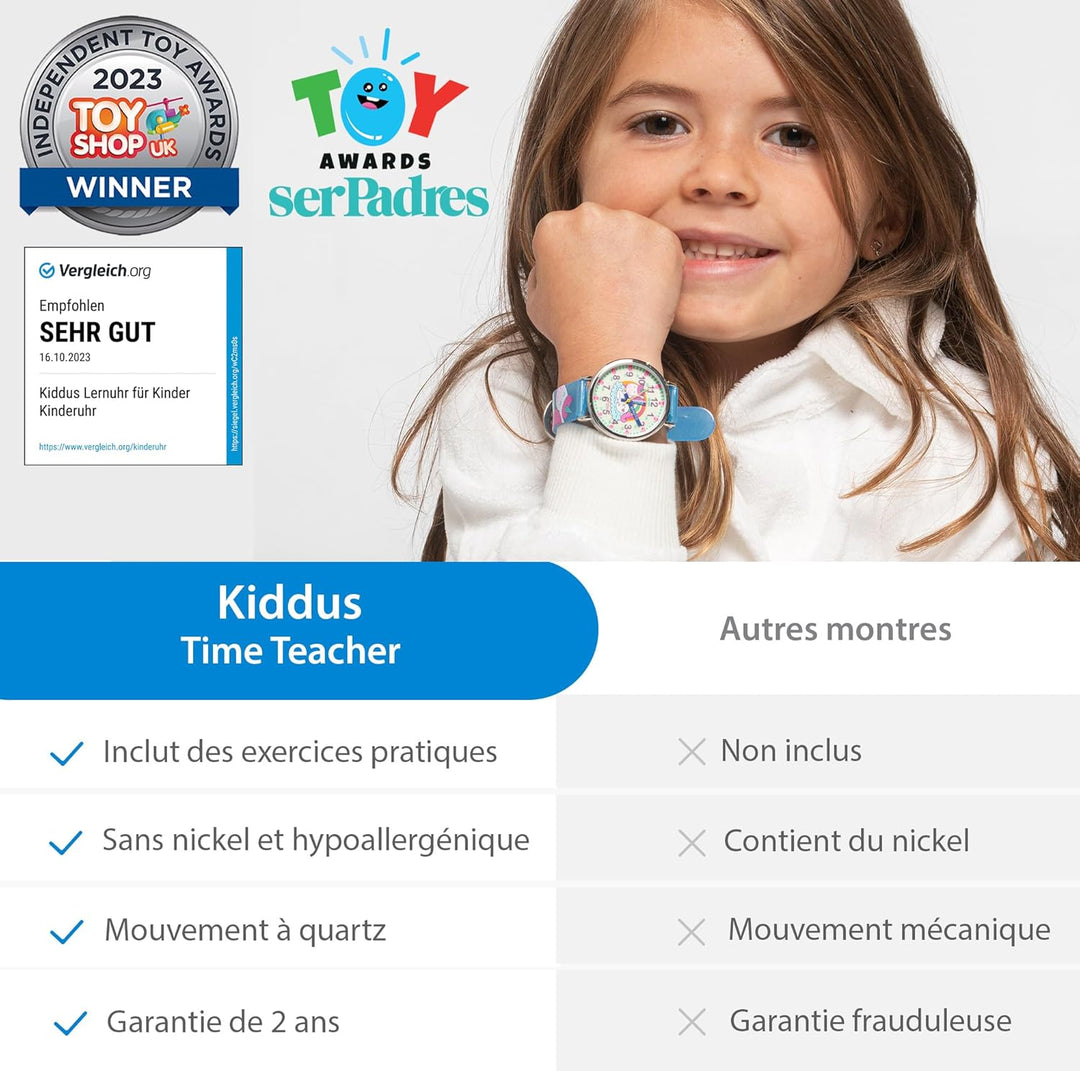 Kiddus Lern Armbanduhr für Kinder, Jungen und Mädchen. Analoge Armbanduhr mit Zeitlernübungen, japan