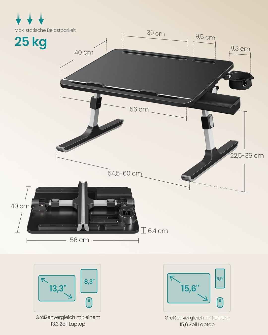 SONGMICS Laptoptisch, Betttisch, Laptopständer, 56 x 40 cm grosse Tischplatte, 120° stufenlos verste