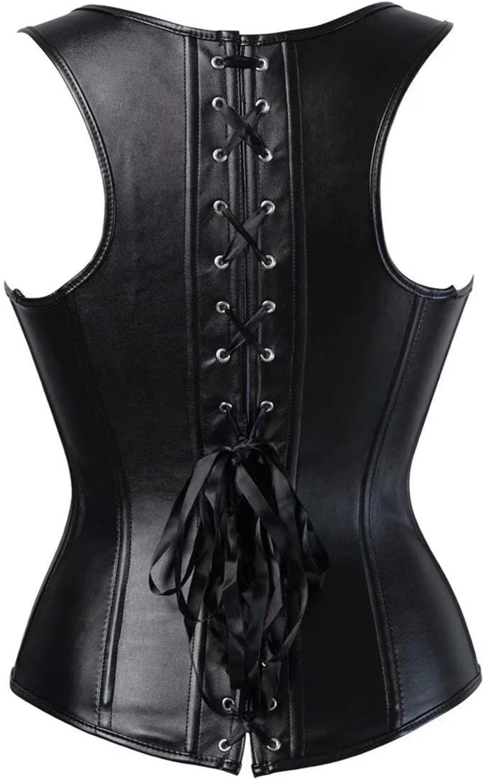 Jutrisujo Korsett Damen Leder Top Corsage Strapse Reissverschluss Bluse Frauen Schwarz, S