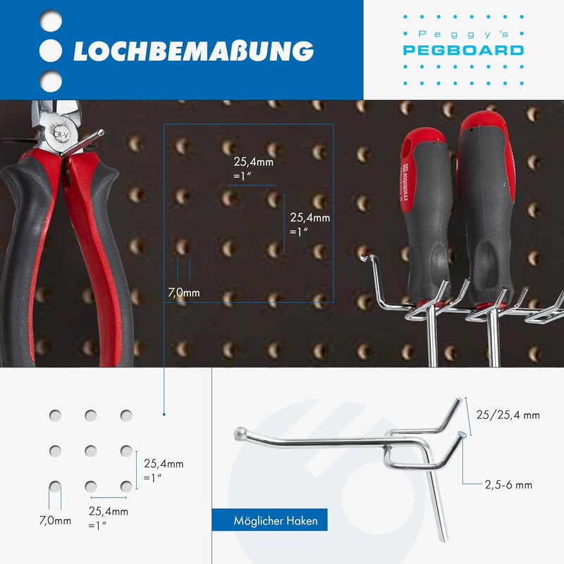 Pegboard 1 St. Werkzeugwand aus Holz (MDF) 120 x 60 x 0,5 cm - Lochung Ø7 mm Lochabstand 25,4 mm - s