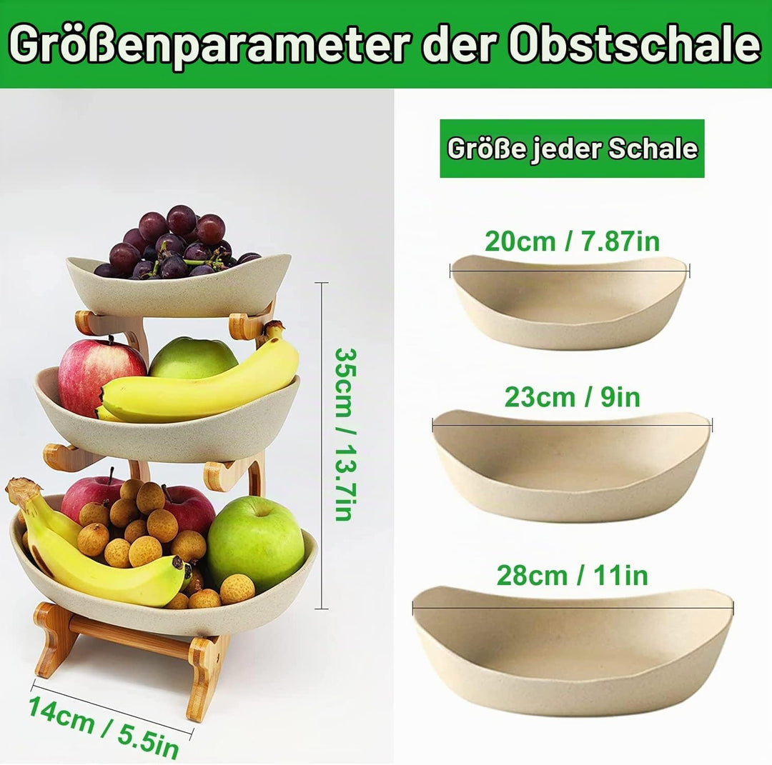 TonKeramik Obst Etagere Obstschale 3 Stöckig Porzellan Obstteller 3 Etagen mit Natürlichem Bambus St