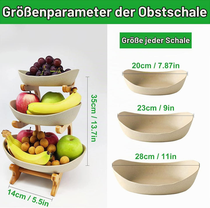 TonKeramik Obst Etagere Obstschale 3 Stöckig Porzellan Obstteller 3 Etagen mit Natürlichem Bambus St