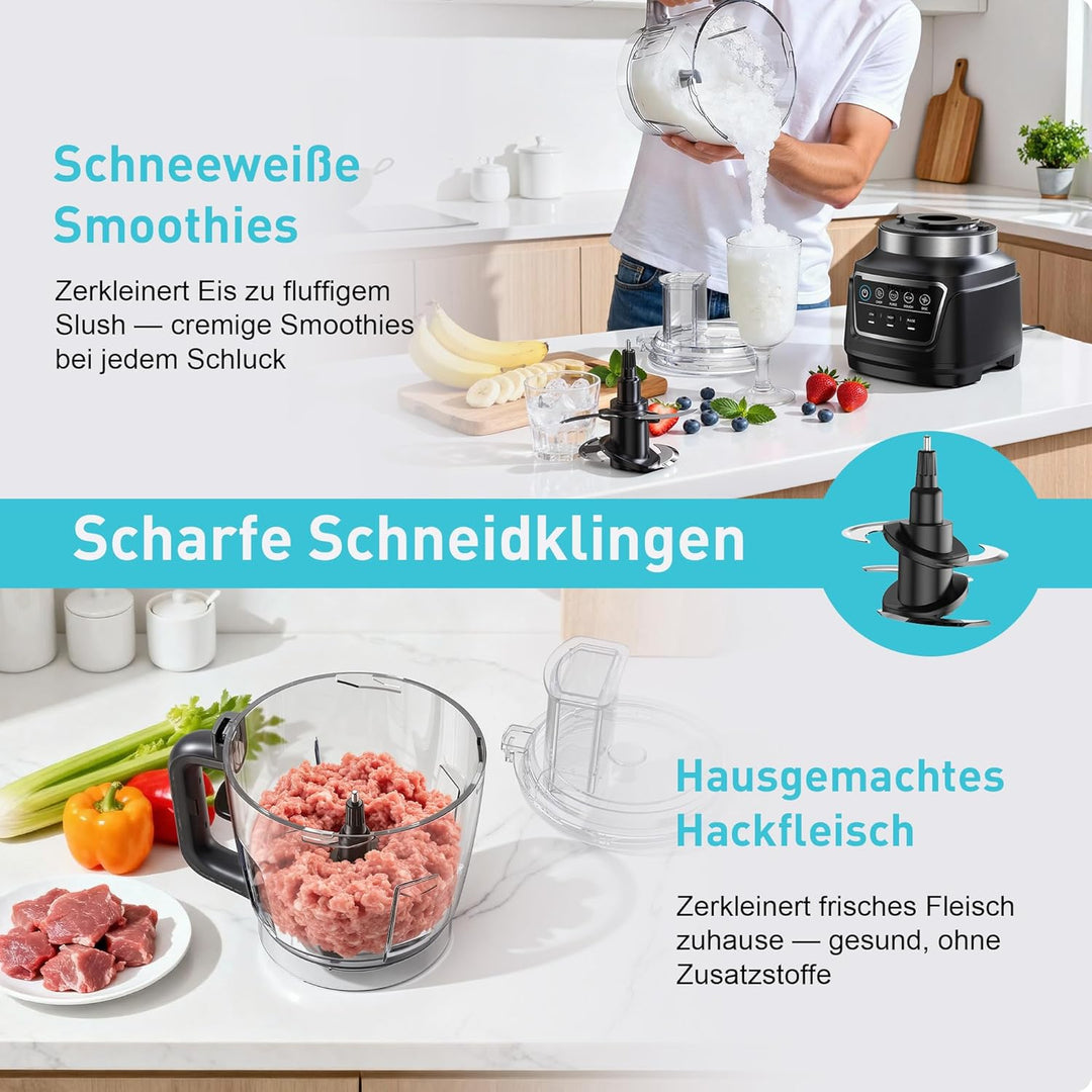 10-in-1 küchenmaschine und Mixer Kombination,1300w-Kompakt-Küchenmaschine für Schnitzel Universalmes