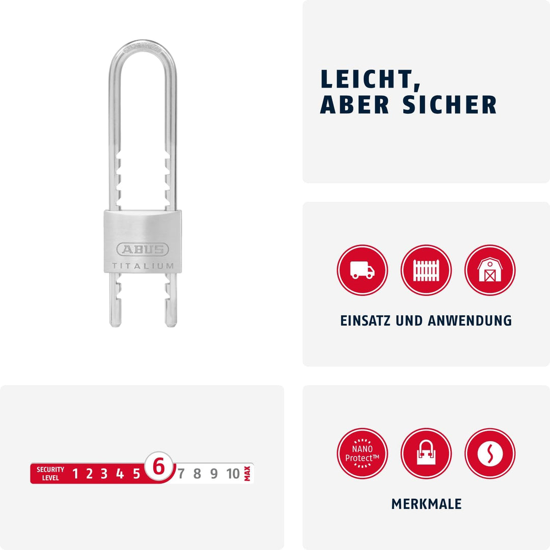 ABUS Vorhängeschloss Titalium 64TI/50HB60-150 mit hohem, ausziehbarem Bügel - Kellerschloss mit Schl