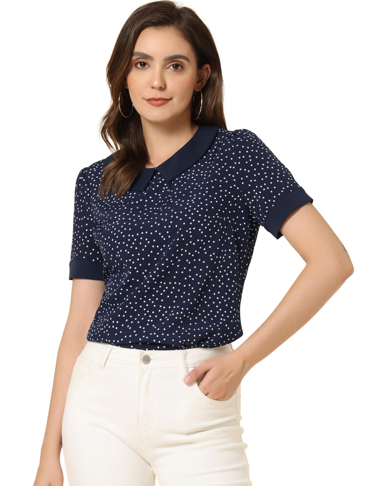 Allegra K Damen Kurzarm Bubikragen Punkte Oberteil Vintage Polka Dots Elegant Top Bluse S Navy Blau,
