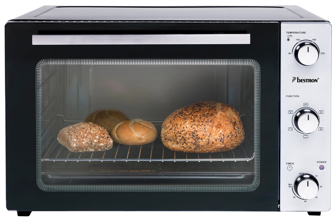 Bestron AOV55 2-in-1 Mini-Backofen mit Drehspiess, 55 Liter, 2000 W, Edelstahl, Schwarz 55 Liter Min