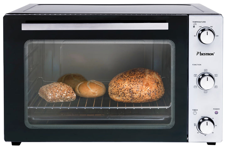 Bestron AOV55 2-in-1 Mini-Backofen mit Drehspiess, 55 Liter, 2000 W, Edelstahl, Schwarz 55 Liter Min