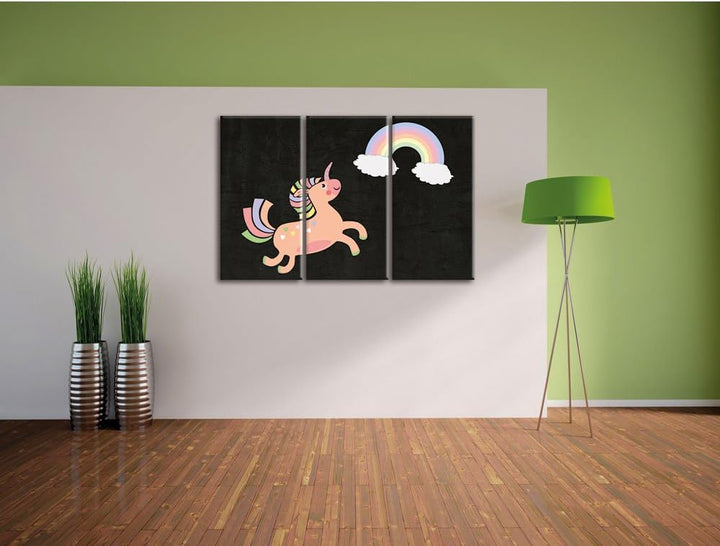 Pixxprint Flauschiges Einhorn mit Regenbogen schwarz 3-Teiler Leinwandbild 120x80 Bild auf Leinwand