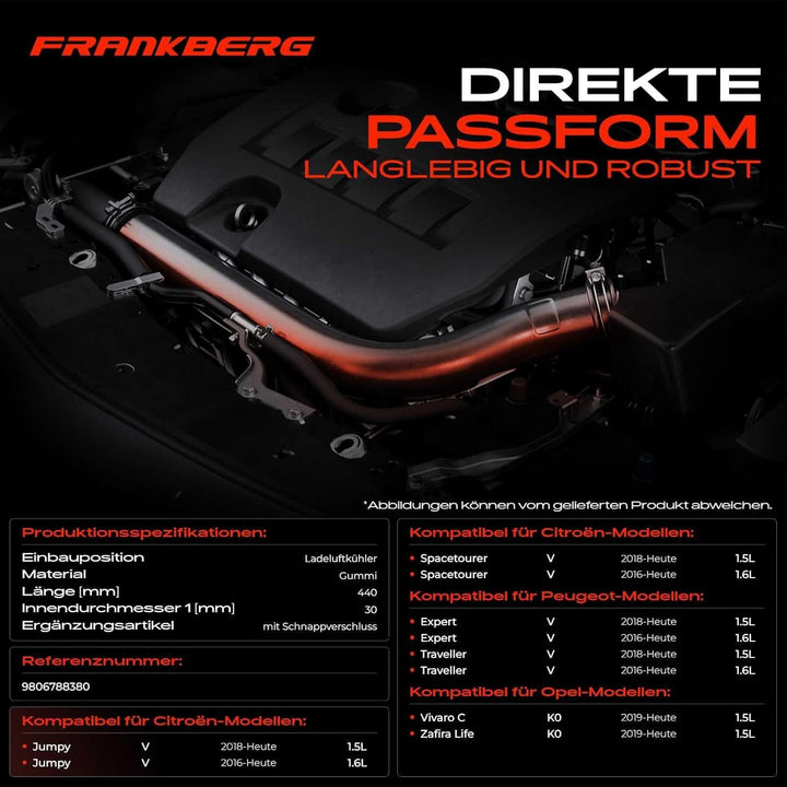 Frankberg Ladeluftschlauch Kompatibel mit Vivaro C Combi 1.5L 2019-2022 Expert Bus V 1.5L 2018-2022