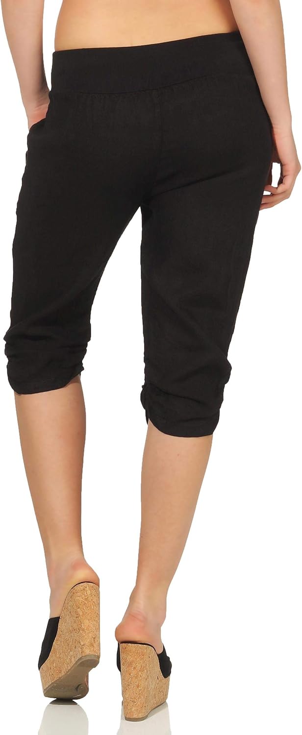 Malito Damen Hose aus Leinen | Stoffhose in Uni Farben | Freizeithose mit Knöpfen | Chino - Capri -