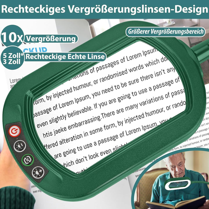 Drdefi 10X Rectangle Lupe mit Licht und Ständer, Echtes Glas Lupenlampe, 5 Farbmodi Stufenlos Dimmba