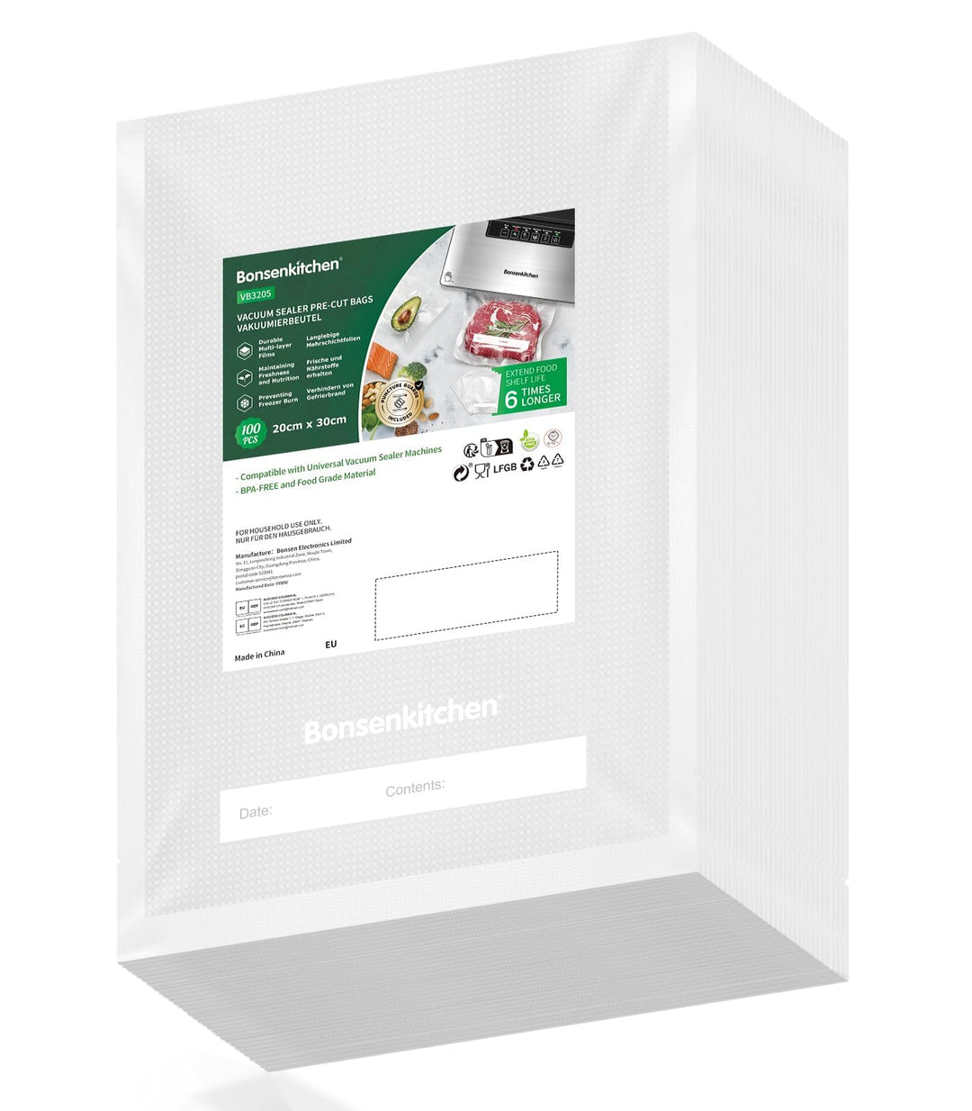 Bonsenkitchen Profi Vakuumbeutel, 100 Beutel 20x30cm Vakuumierbeutel für alle Vakuumierer & Lebensmi