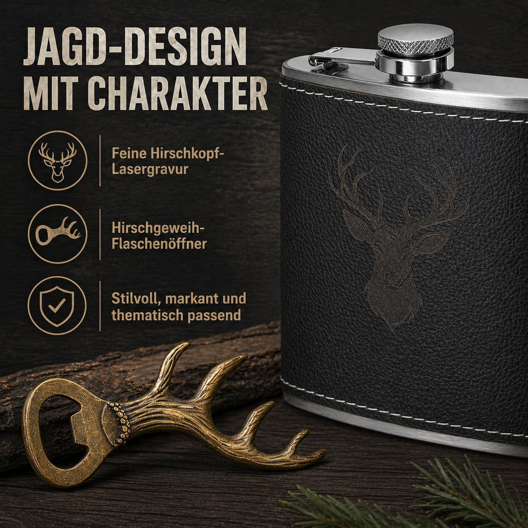 Jäger Geschenk Flachmann mit Hirsch Gravur - 6oz/180ml Edelstahl Flask Set in Geschenkbox mit 2x10ml