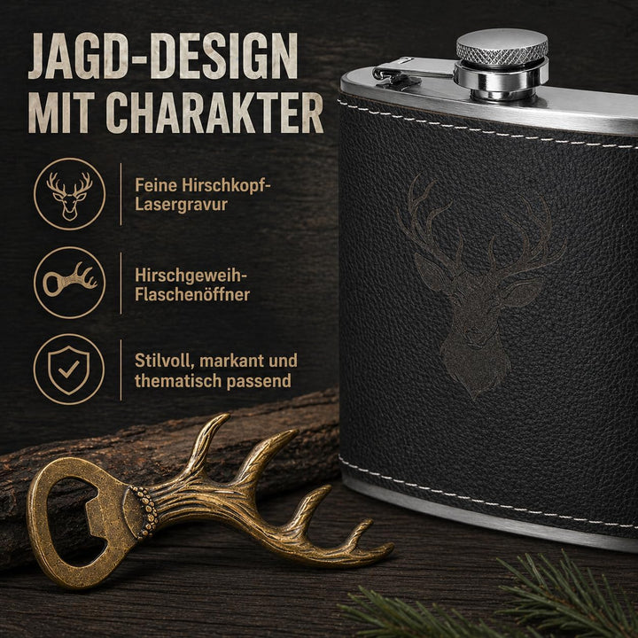 Jäger Geschenk Flachmann mit Hirsch Gravur - 6oz/180ml Edelstahl Flask Set in Geschenkbox mit 2x10ml