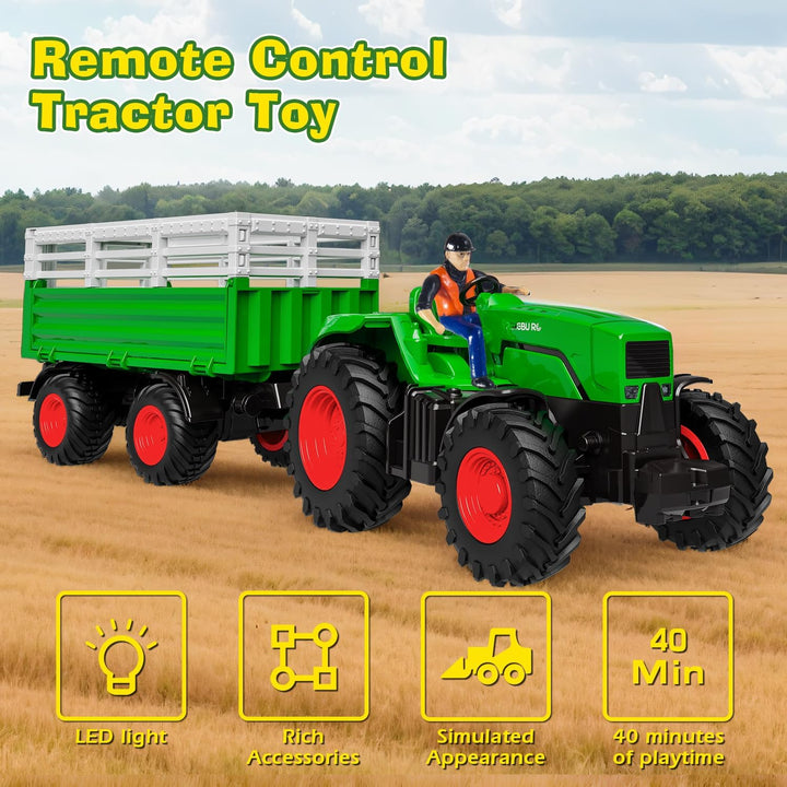 PENGBU RC Ferngesteuerter Traktor mit Anhänger, 2.4 GHz Traktor Ferngesteuert Spielzeug, Kindertrakt
